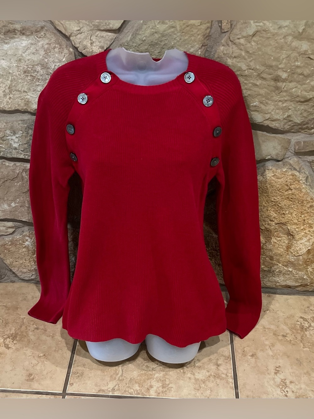 Vtg Ralph Lauren Red Crewneck Sweater with Button Detail Medium Fall & Holidays